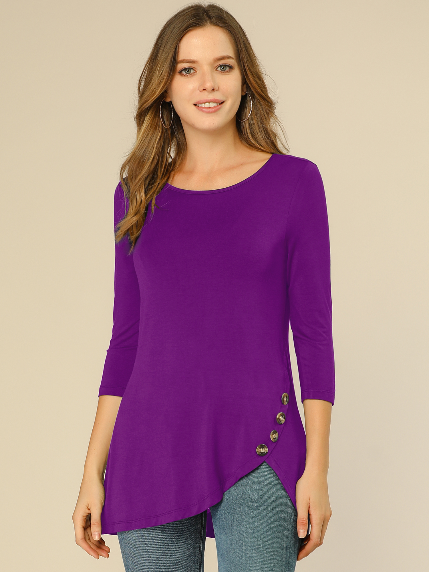 DARING DIVA Women's Casual Stretchy Tunic Asymmetric Hem Top S Purple