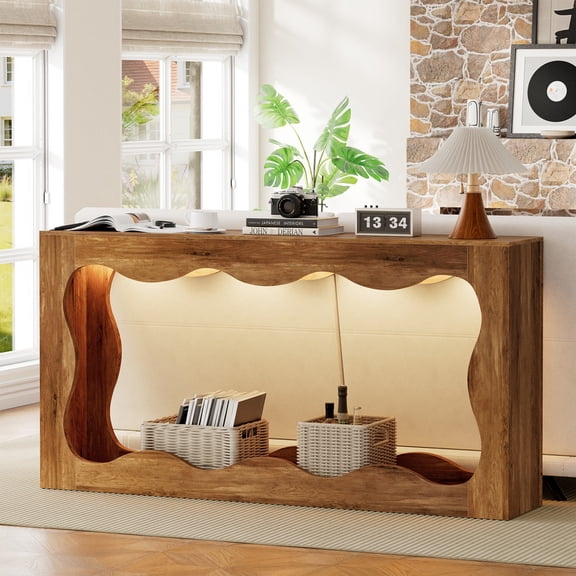 Walsunny Farmhouse Console Table, 63 Inch Scalloped Industrial Wooden Storage Entryway Accent Table, Wavy Console Table for Living room, Rustic Brown