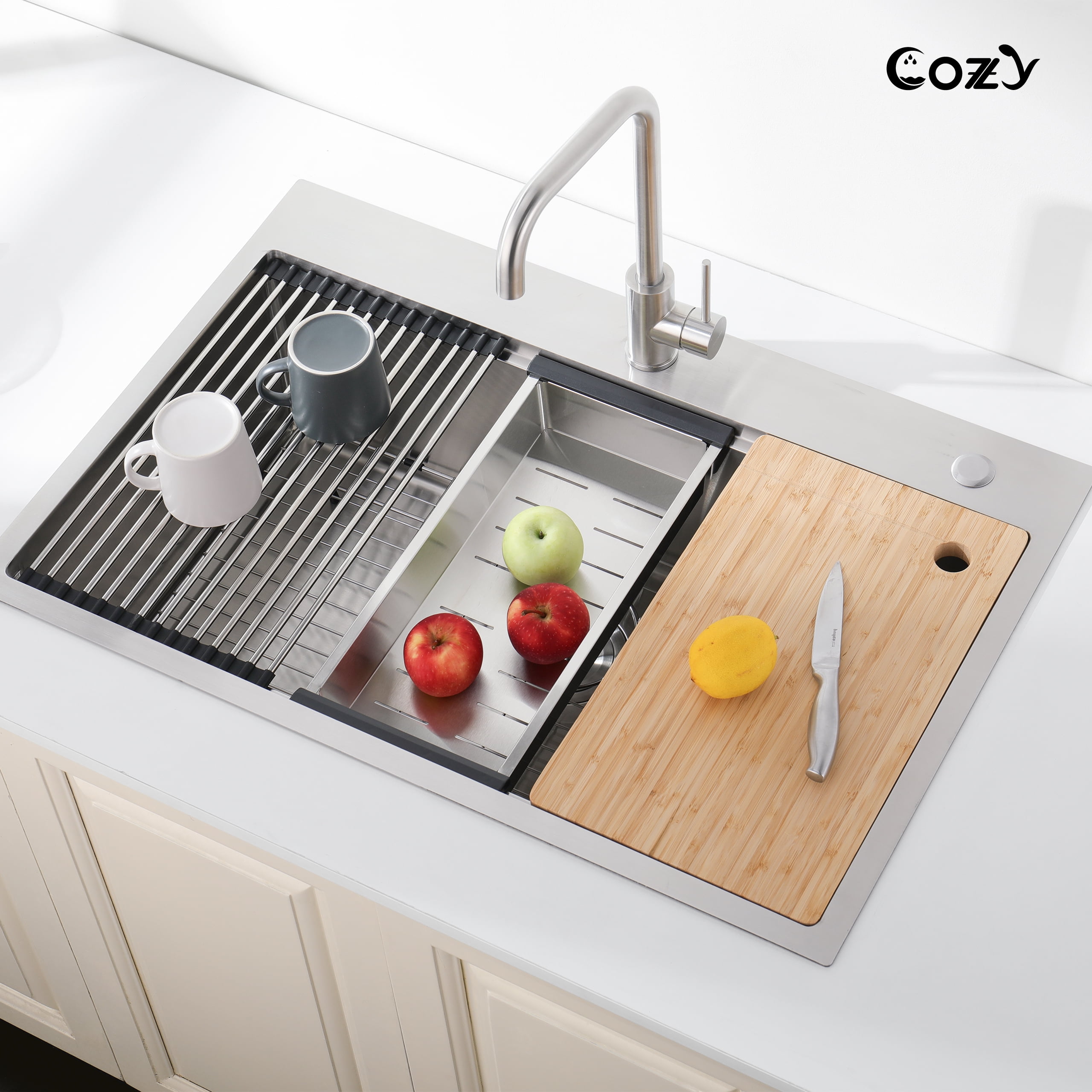 COZY Stainless Steel Kitchen Sink, Single Bowl, Overmount Handmade Sink, with US Standard Drain and Hook.