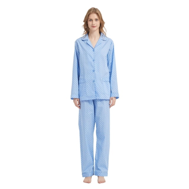 Apparonia Conjuntos de Pijama para Mujer Ropa de Dormir de Algodón Camisa de Manga Larga con Botones Al Frente y Pantalón Ropa de Dormir Cuello con Solapa Pjs Conjuntos de Descanso Azul Lunares M