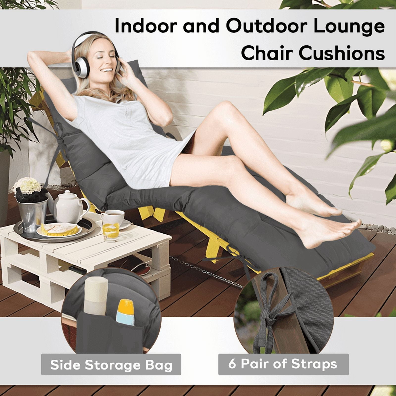 PUKNLY Chaise Lounge Chair Cushion Outdoor, 67*22*4 in Thickened Leisure Lounge Deck Chair Cushion, Waterproof & Fade-Proof Patio Pool Sun Lounger Pad with Straps, Bag, for Pool, Beach, Balcony