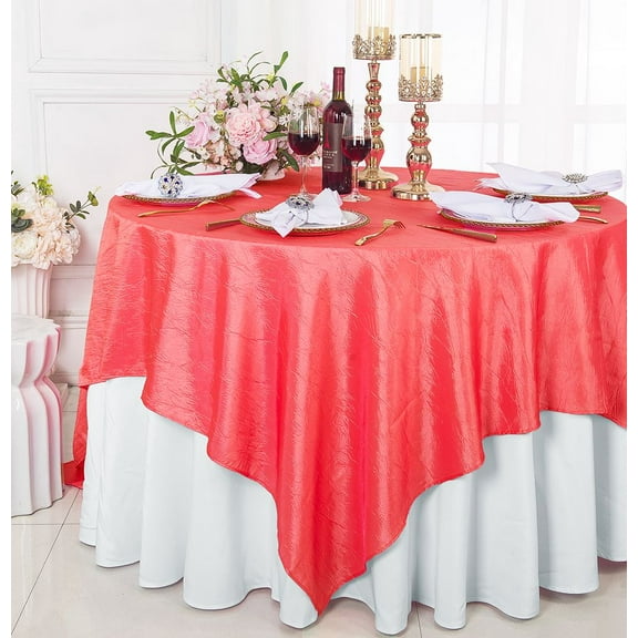 Wedding Linens Inc. 85" Square Crushed Crinkle Taffeta Table Overlay Toppers - Coral