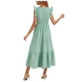 thumbnail image 3 of felwors Women's 2025 Summer Casual Flutter Short Sleeve Crew Neck Smocked Elastic Waist Tiered Midi Dress Green, M, 3 of 7