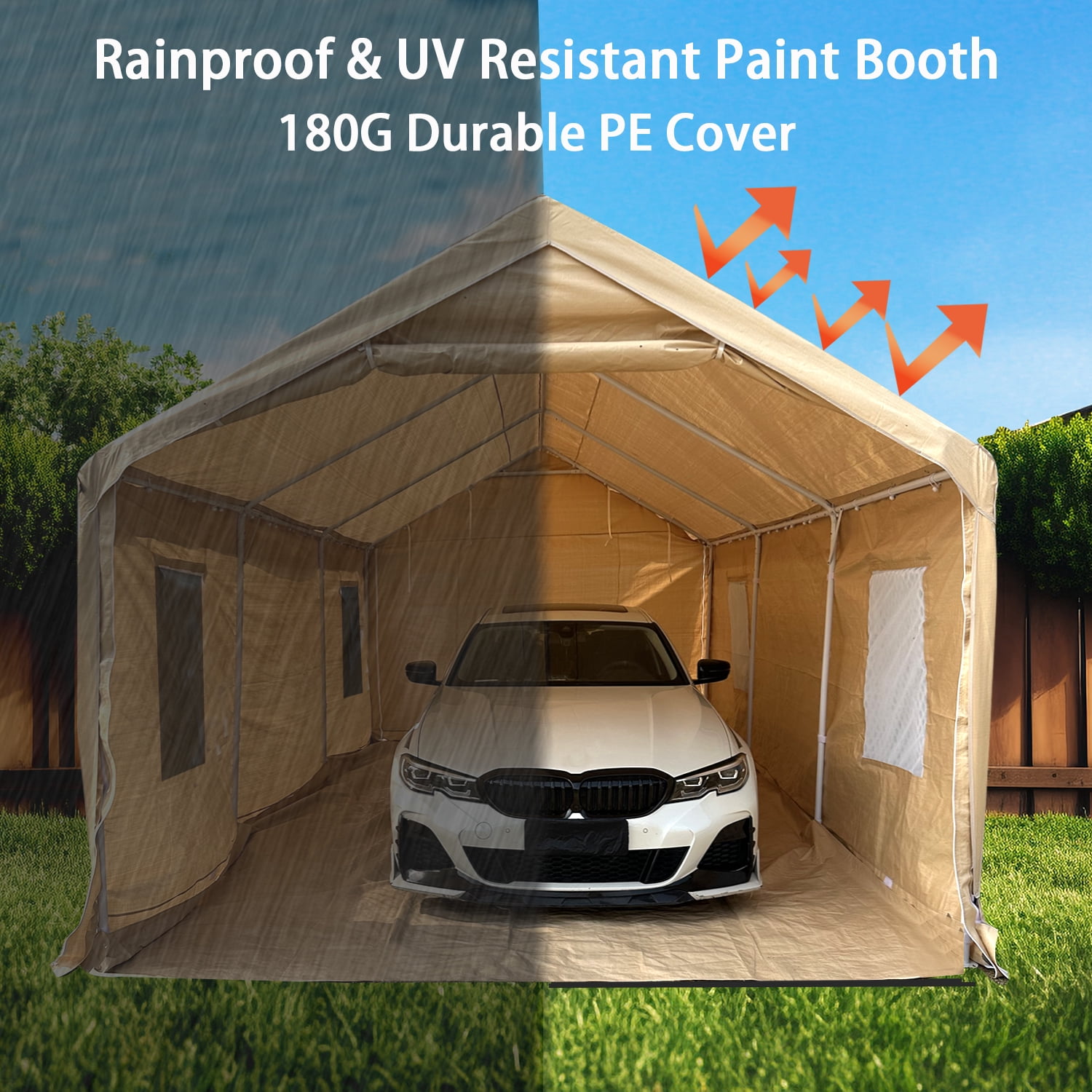 Rainproof Portable Paint Booth 20X12X10FT Spray Booth with 6pcs Mesh Windows & Floor for Painting Cars, Auto Parts, Furnitures and Other Items (Beige)