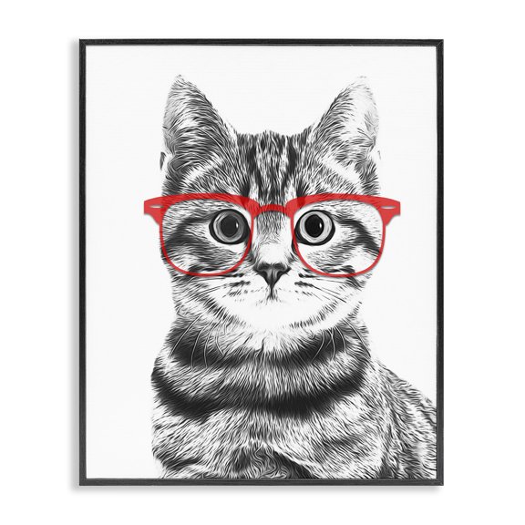 Stupell Industries Contemporary Black White Monochrome Cat Red Glasses Design Black Framed Giclee Art, 11 x 14, by Annalisa Latella