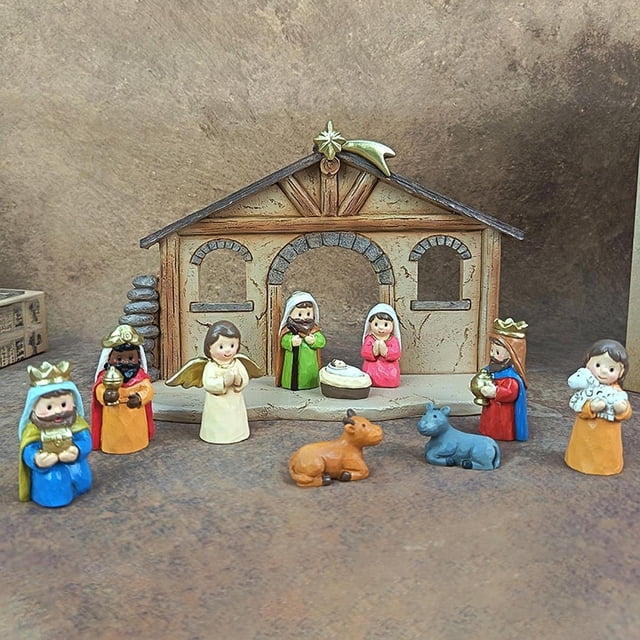 Juego de 11 piezas de belén de Sagrada , estatua de resina tradicional hecha a mano para repisa, decoración de repisa, decoración navideña.