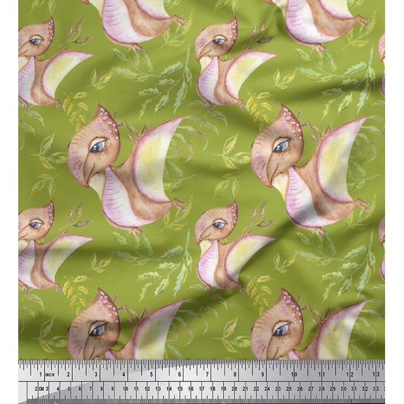 Soimoi Green polyester Crepe Fabric Dinosaurs & Leaves Kids Print Sewing Fabric Yard 52 Inch Wide