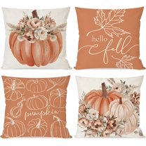 Boho Orange and Sage Green Pumpkin Hello Fall Throw Pillow Covers 18x18 Inch Pampas Floral Outdoor Farmhouse Cottage Autumn Decorations Decorative Pillows Cases Set of 4 for Home Room Decor