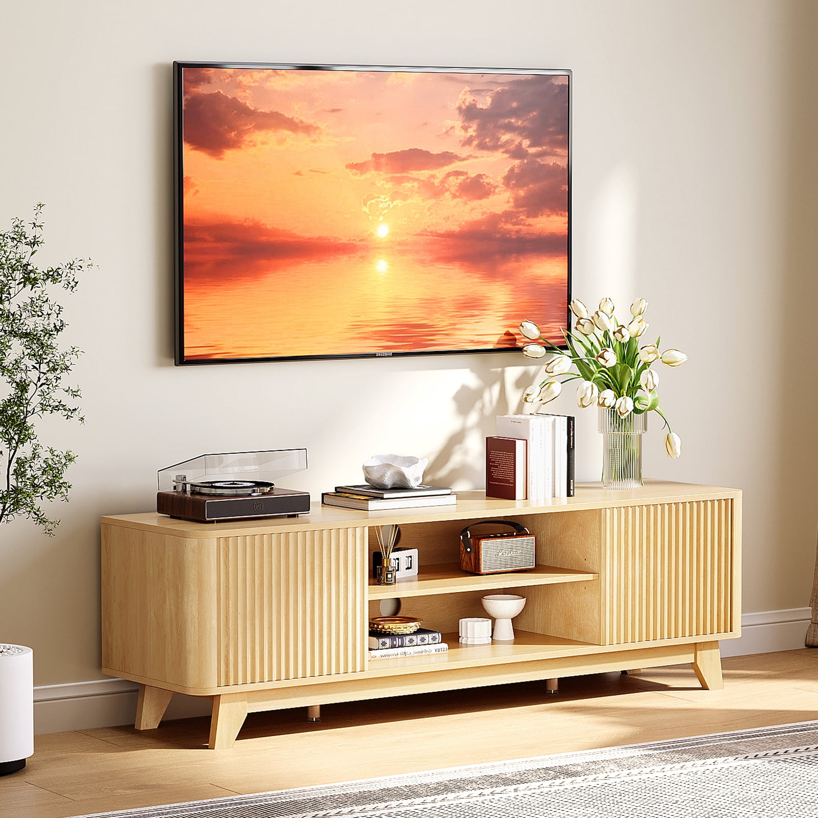 Ktaxon Modern TV Stand for 55/60/65 Inches TVs, 58" Television Media Console Wood Entertainment Center with 2 Fluted Doors & Adjustable Shelves for Living Room, Bedroom, Home, Light Walnut