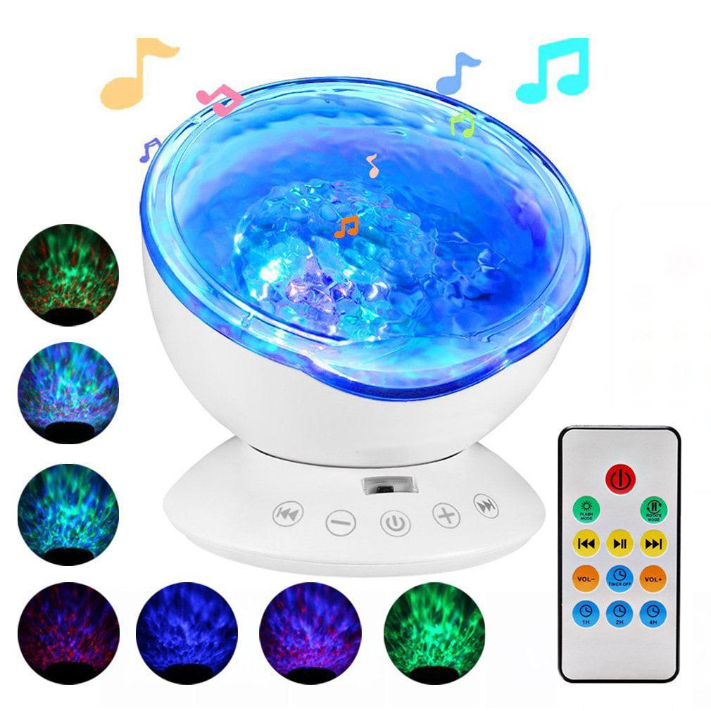 Ocean Wave Projector, Remote Control Night Light Lamp 12 LEDs & 7 Color Changing Modes LED Night Light Projector Lamp Built-in Mini Music Player for Baby Kids Adult Bedroom Living Room（White 