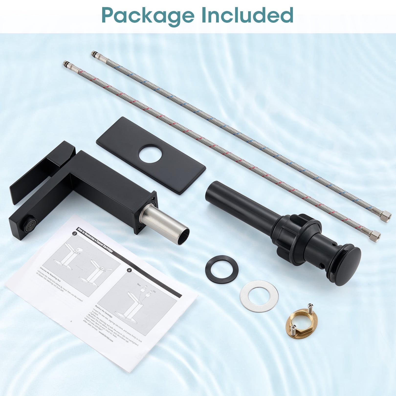 Wowkk Sanitary Ware Single Handle Bathroom Sink Faucet Modern SUS304 Stainless Steel Bathroom Faucet with Pop-up Drain and Water Supply Line, Faucets for Bathroom Vanity RV Sink, Matte Black