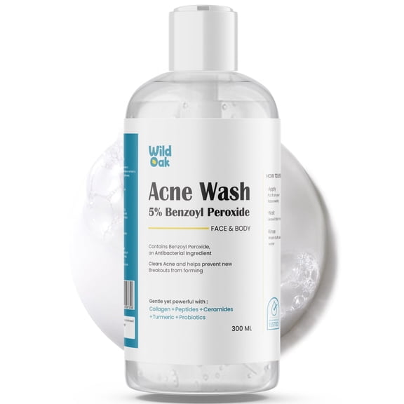 Wild Oak 5% Benzoyl Peroxide Face & Body Wash | 10.14 fl oz | Turmeric, Probiotics, Collagen & Peptides | Non-Drying Acne-Fighting Cleanser, Face Wash to Clear Treat & Prevent Acne Pimples Bacne