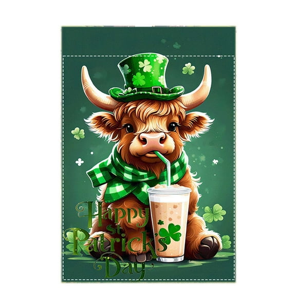 Happy St Patricks Day Garden Flag 12x18 inch Burlap Double Sided, Highland Cattle Lawn Small Yard Flag for Outside Decoration
