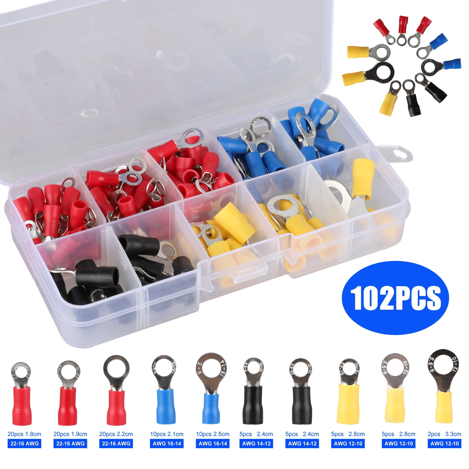 102Pcs Electrical Crimp Ring Spade Assorted Insulated Connector Wire Terminals