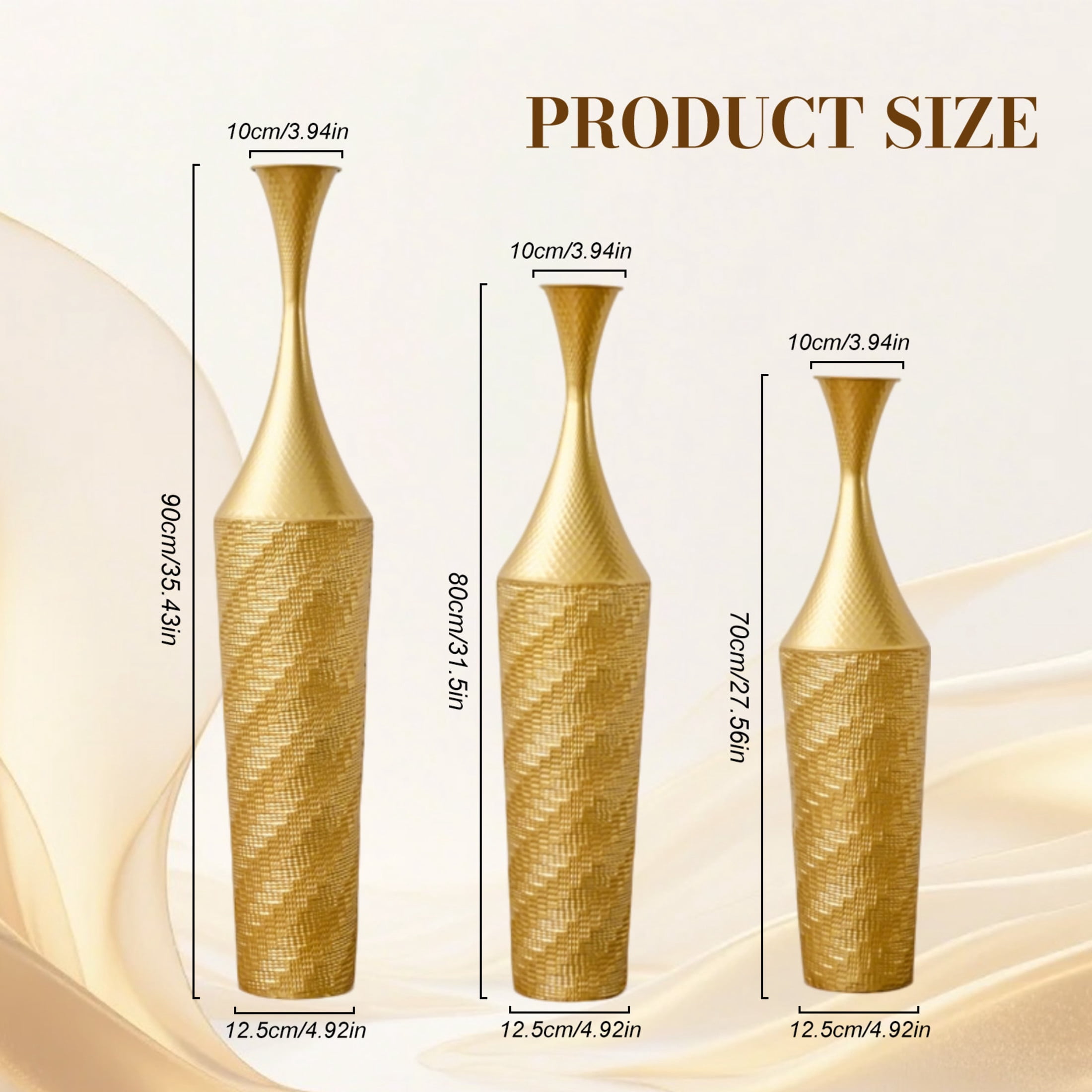 Noble House 27.56", 31.5", 35.43" Metal Floor Vase Set of 3, Textured Handcrafted Vases, Gold