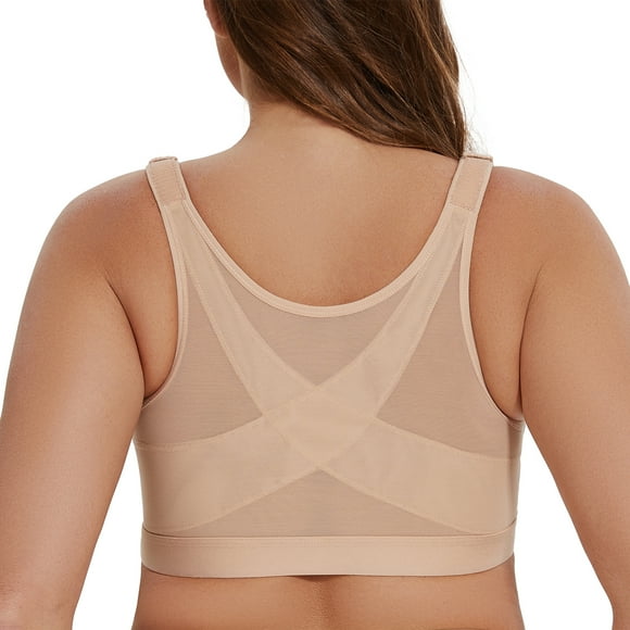 Women's Front Closure Wirefree Post Surgery Plus Size Back Support Posture Bra Beige 40C