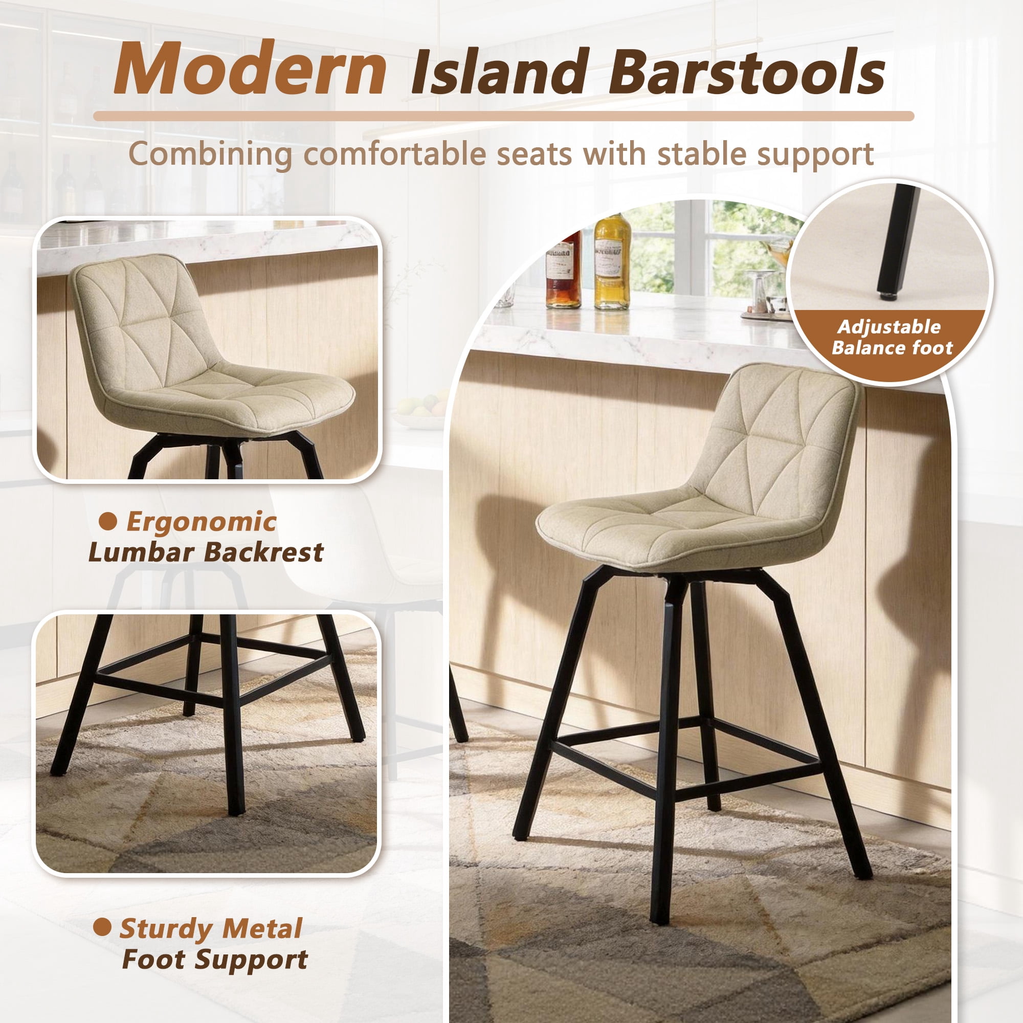 Fancrou 26″ Swivel Counter Height Bar Stools Set Of 3, Triangular Pattern Seat With Metal Legs And Back, Camel-Fabric