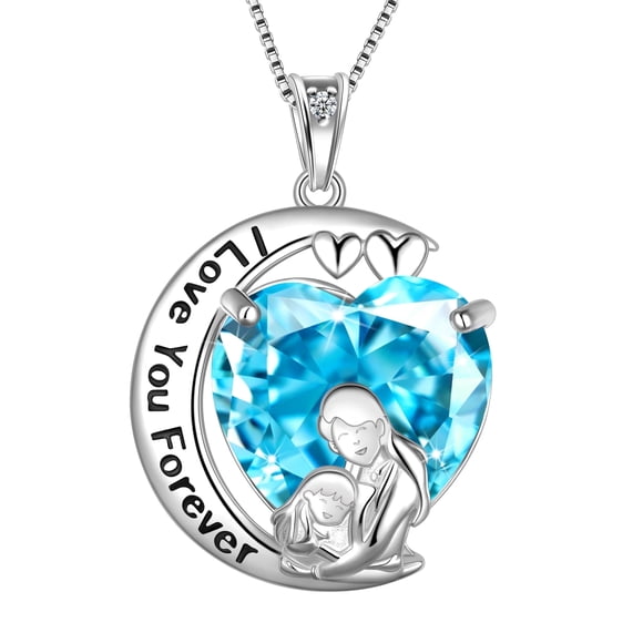 Juwaliy Collar de Luna Corazón Madre Hija Plata Esterlina 925 Aguamarina Azul Piedra de Nacimiento de Marzo Dije Joyería Mujer Regalo de Navidad Cumpleaños Día de la Madre