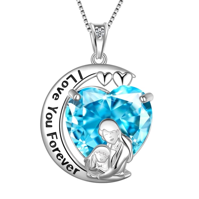 Juwaliy Collar de Luna Corazón Madre Hija Plata Esterlina 925 Aguamarina Azul Piedra de Nacimiento de Marzo Dije Joyería Mujer Regalo de Navidad Cumpleaños Día de la Madre