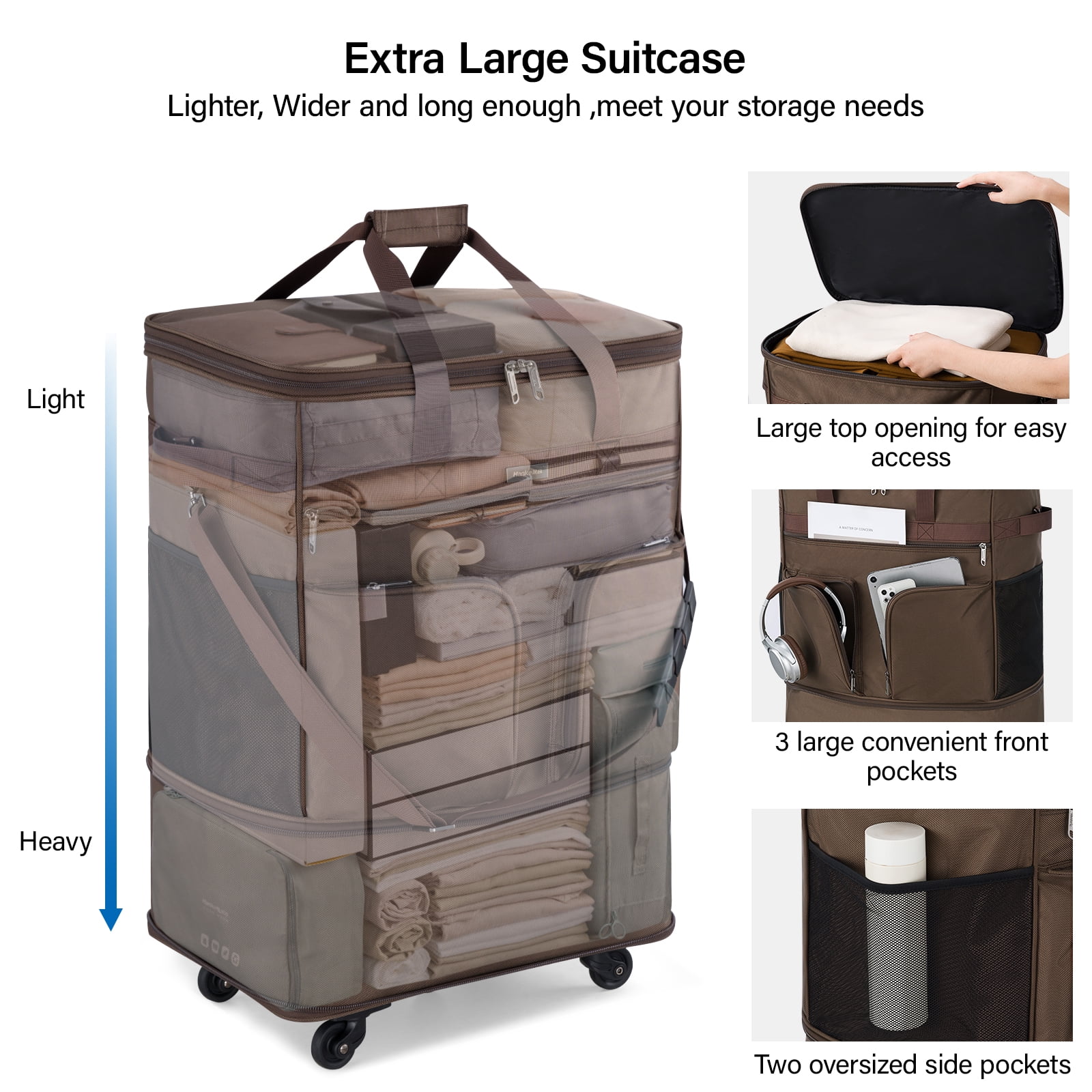 Hanke Suitcases with Wheels Expandable Foldable Luggage Bag Suitcase Collapsible Rolling Travel Bag Duffel Bag for Men Women Lightweight Suitcases,Coffee