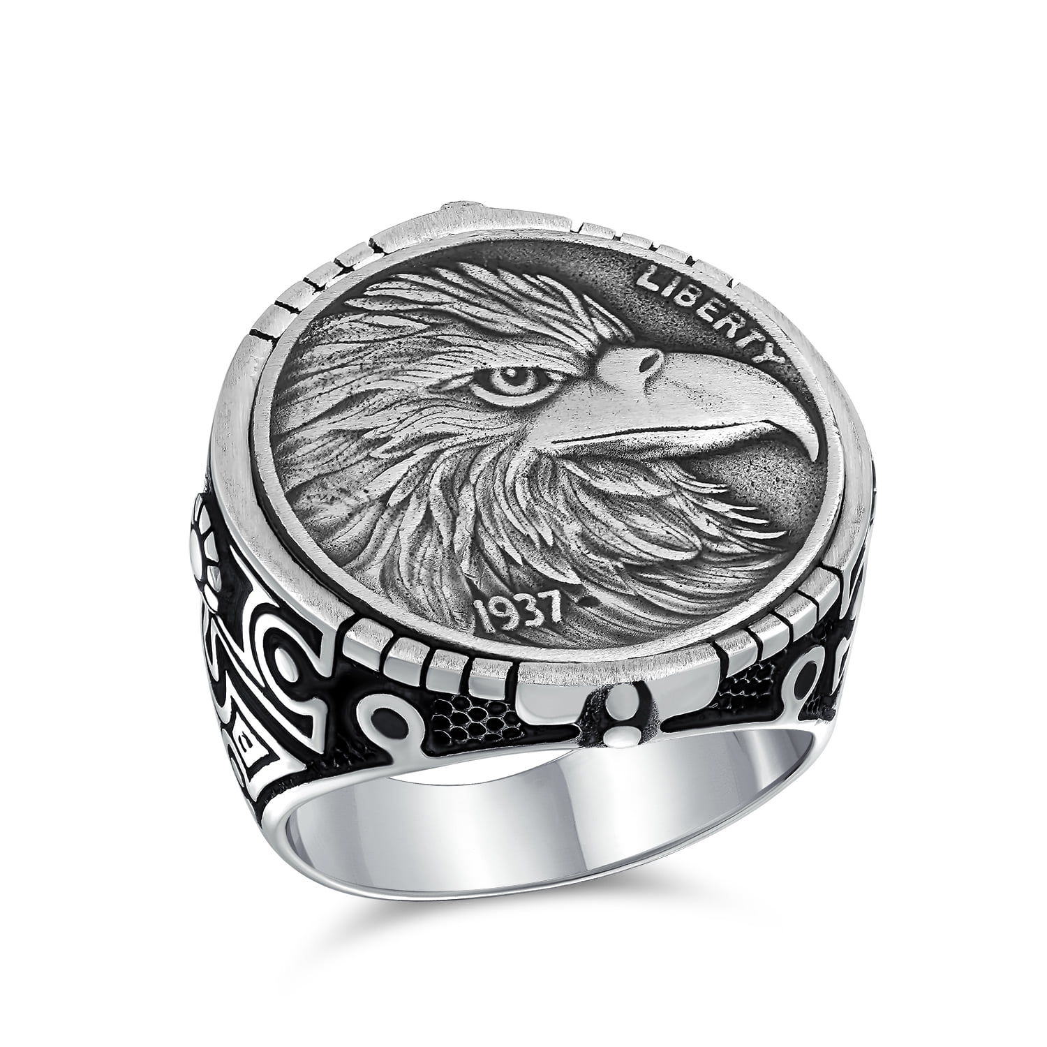 Solid 925 Sterling Silver Statement Eagle Head Liberty 1937 Coin Style Patriotic USA Bird American Symbol Novelty Ring For men 