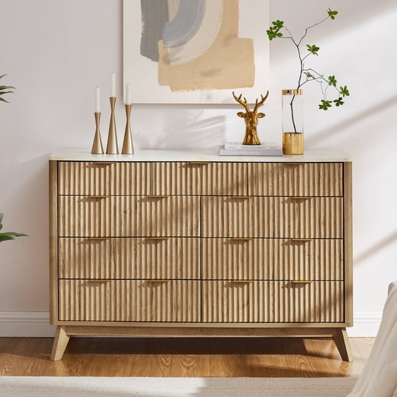 KeyWhat Fluted 9 Drawer Dresser, Modern Wide Chest of Drawers with Faux Marble Top, Wood Storage Organizer for Bedroom, Living Room, Natural Oak