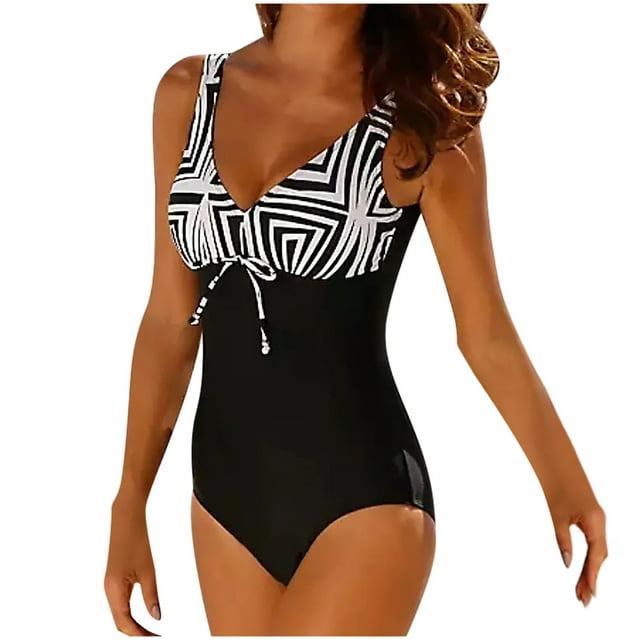 Womens One-Piece Set Swimsuits Print Tummy Control Swimwear Beachwear featuring a black and white geometric print on the top with a deep V-neckline and a solid black bottom. Designed with a drawstring detail under the bust for added style and support. Made from polyester, this swimsuit is suitable for summer, beach, pool, and tropical vacations. Available in sizes S to XXL.