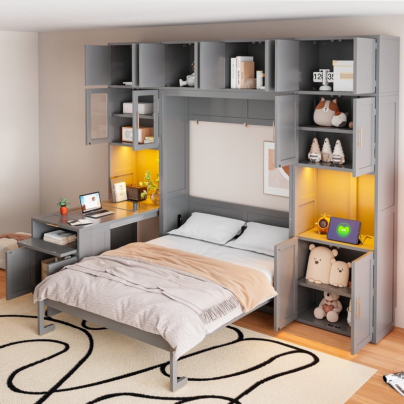 Full Size All-in-One Murphy Bed with Hidden Desk & Storage Cabinets, Foldable Platform Bed Frame with Power Outlet & LED Light
