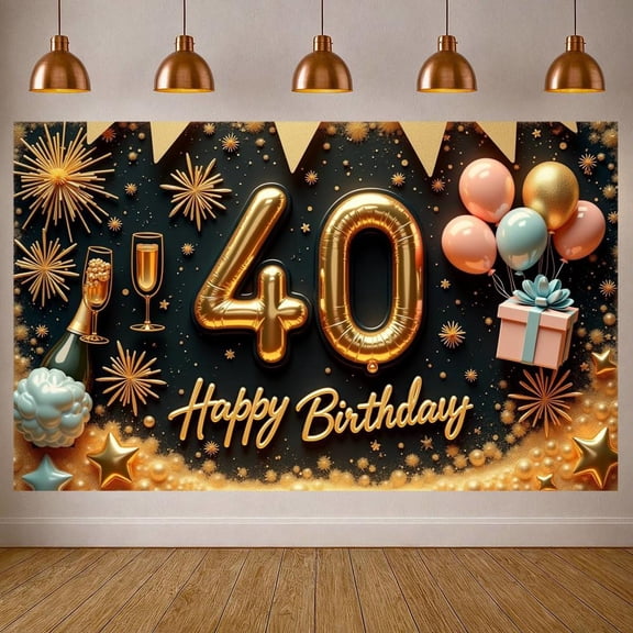 Gold Glitter 40th Birthday Banner Champagne Theme Display Balloon Decor Firework Design Milestone Celebration Backdrop for 40th Birthday Party Adult Celebration Photo Shoot