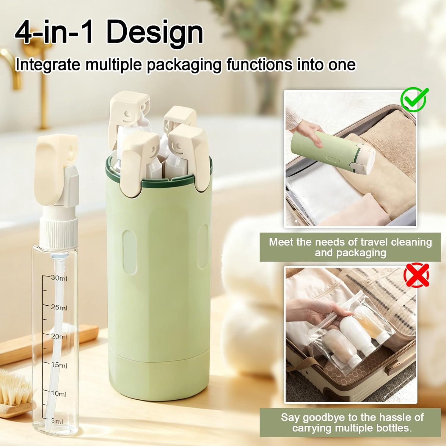 4-in-1 Travel Dispenser Bottles, Leak-Proof Refillable Toiletry Containers with Labels, Compact Shampoo & Lotion Bottle Set for Travel & Flights