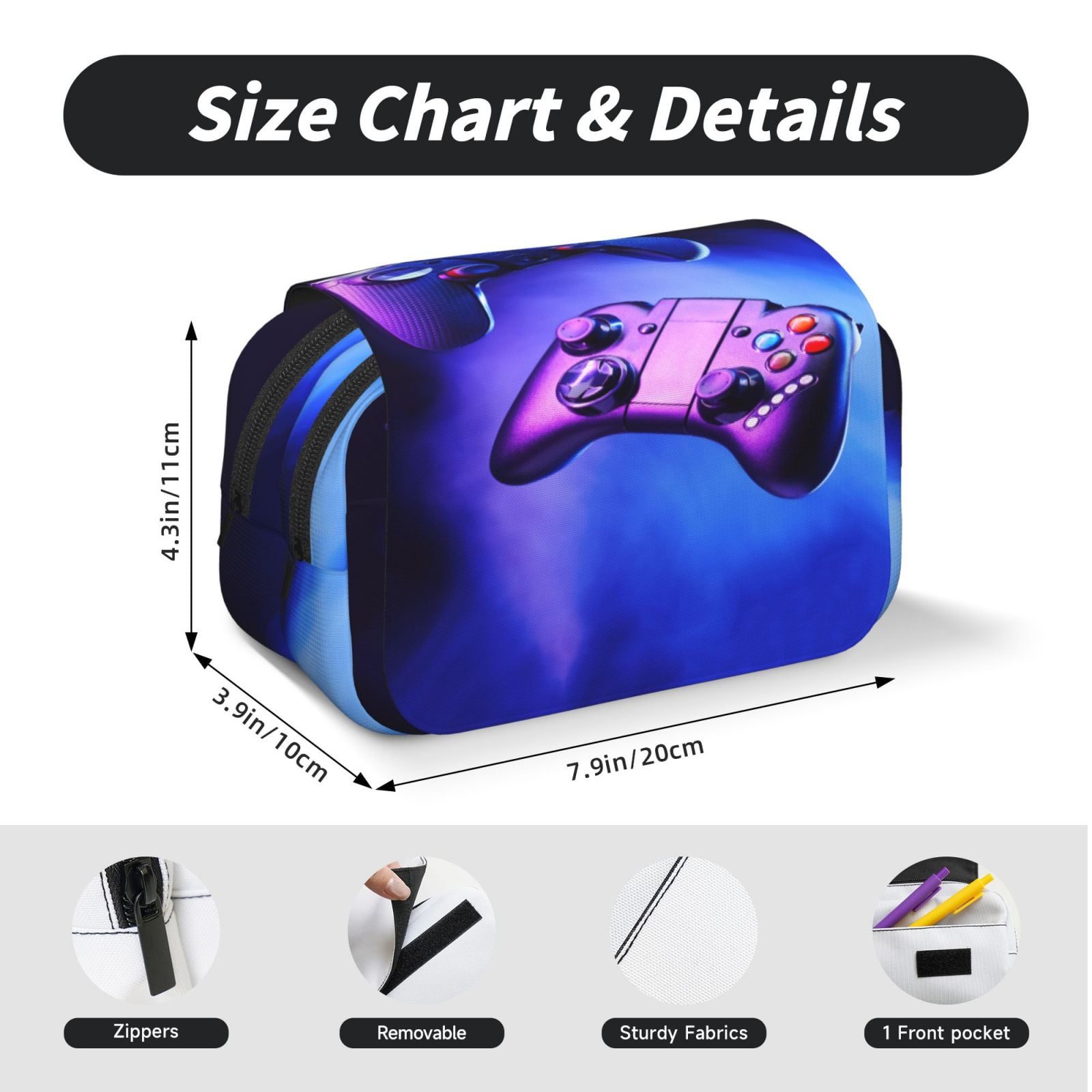 Rateoe Play Gaming Pattern Double Clamshell Pen Case, Storage Organizer with Two Zipper Compartments– Holds Up to 50 Pencils & Pens