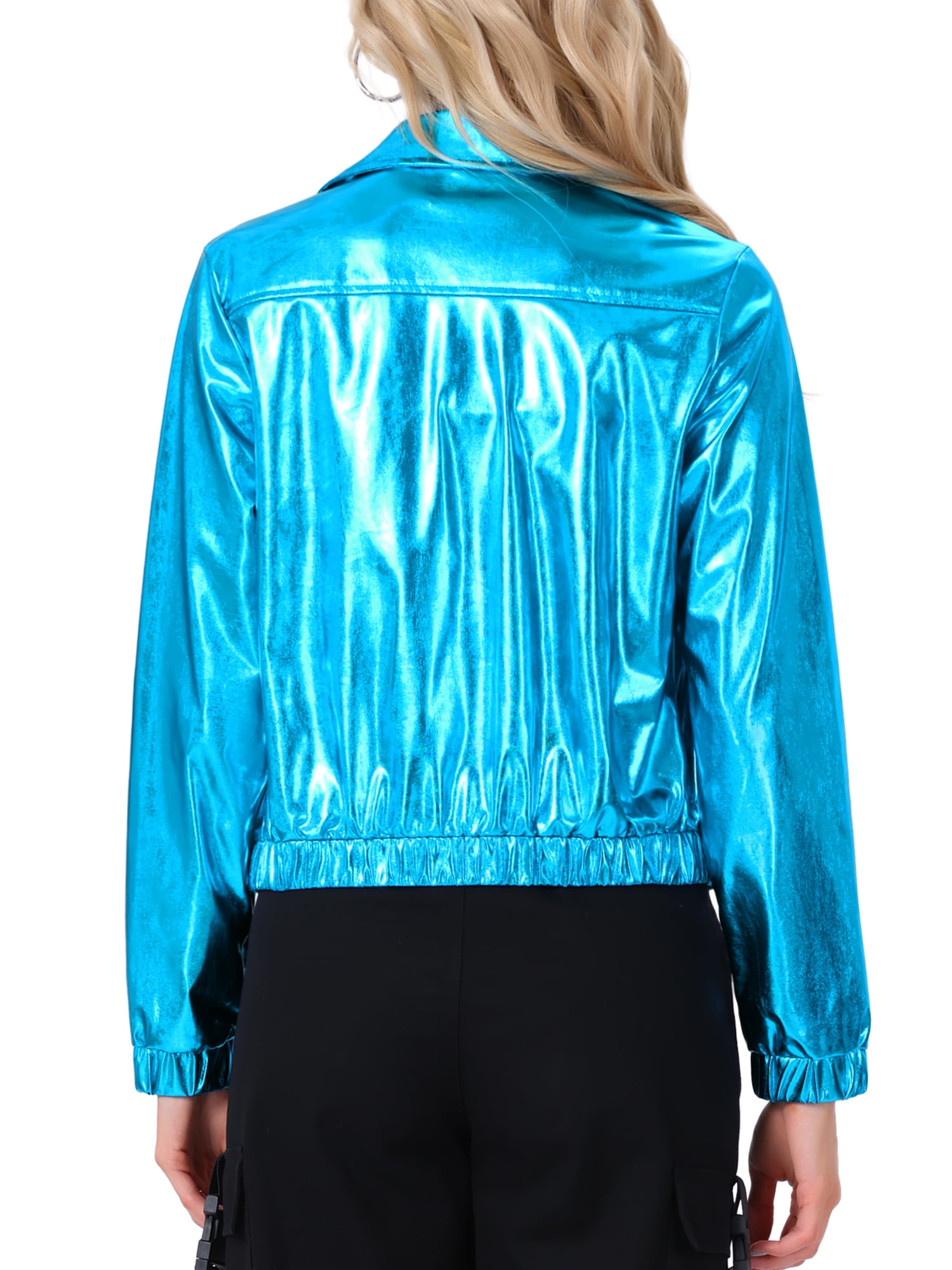 INSPIRE CHIC Women's Holographic Shiny Party Long Sleeve Lightweight Zipper Metallic Jacket M Medium Blue