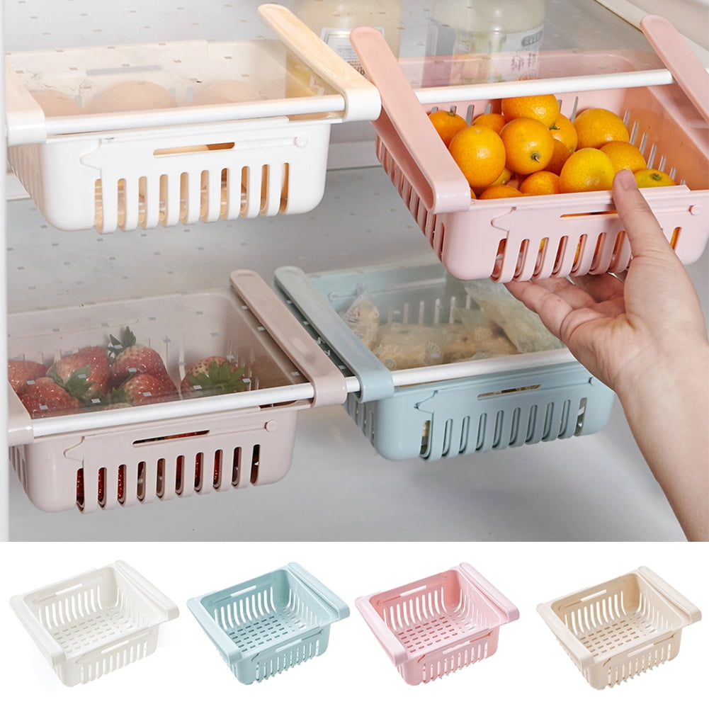 Blue+White+Pink+Apricot 4 Pcs Kitchen Fridge Organisers Space Saving Refrigerator Storage Shelf for Egg,Vegetables and Fruits Retractable Fridge Drawer 