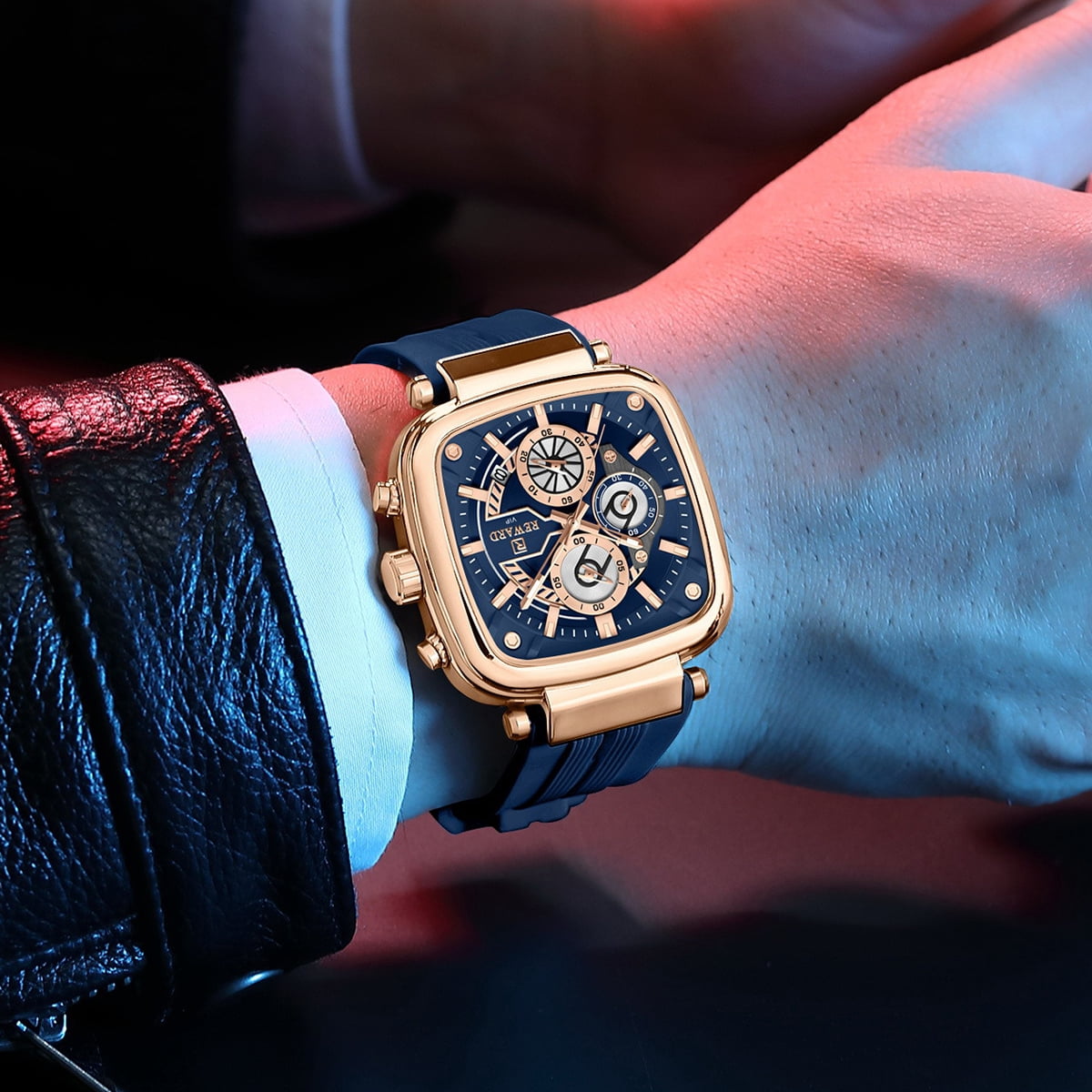 Square Watches for Men, Blue Silicone Chronograph Calendar, Fashion Sports Watch, Luminous Waterproof, Casual Wrist Watches, Rose Gold Case