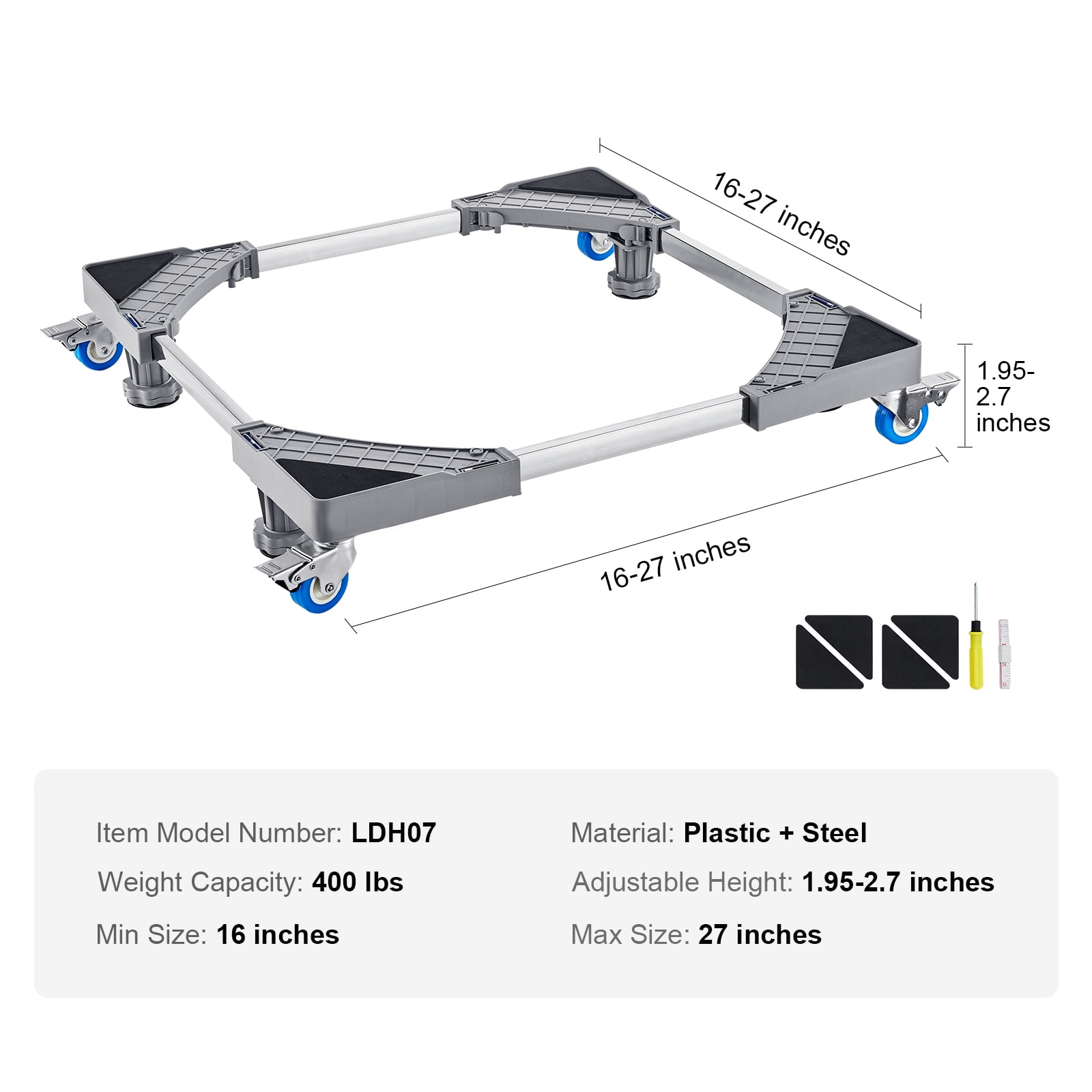 KFFKFF Mini Fridge Stand 400 lbs Load 4 Wheels Adjustable Washing Machine Stand