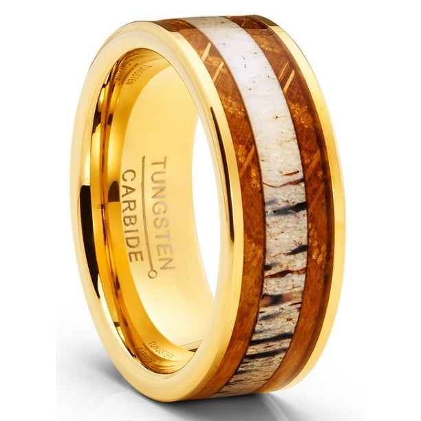 Tungsten Carbide Mens Wedding Band Whiskey Barrel Deer Antler Inlay Engagement Ring Goldtone
