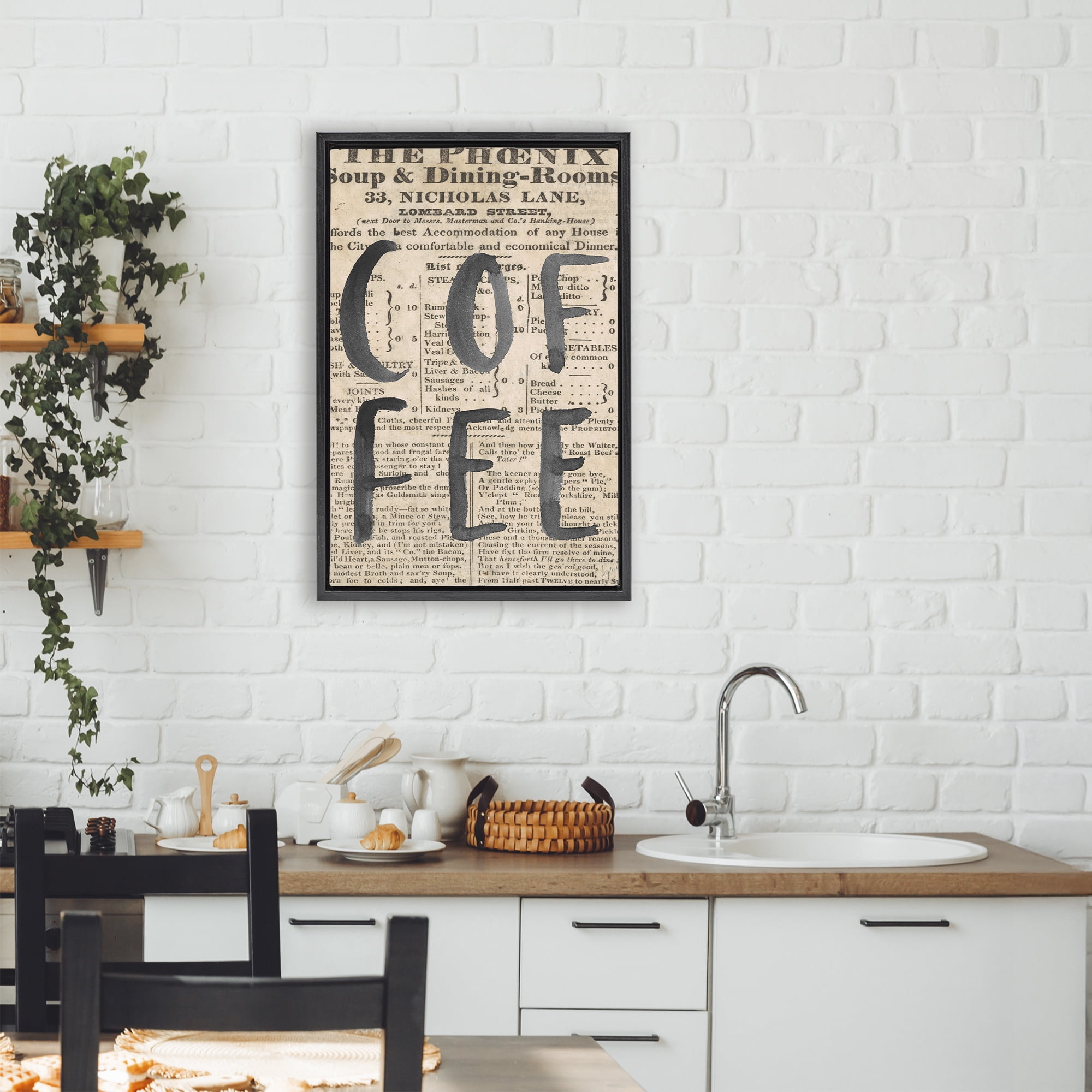 Stupell Industries Vintage Coffee Newspaper Black Framed Floater Canvas Wall Art, design by Lucille Price