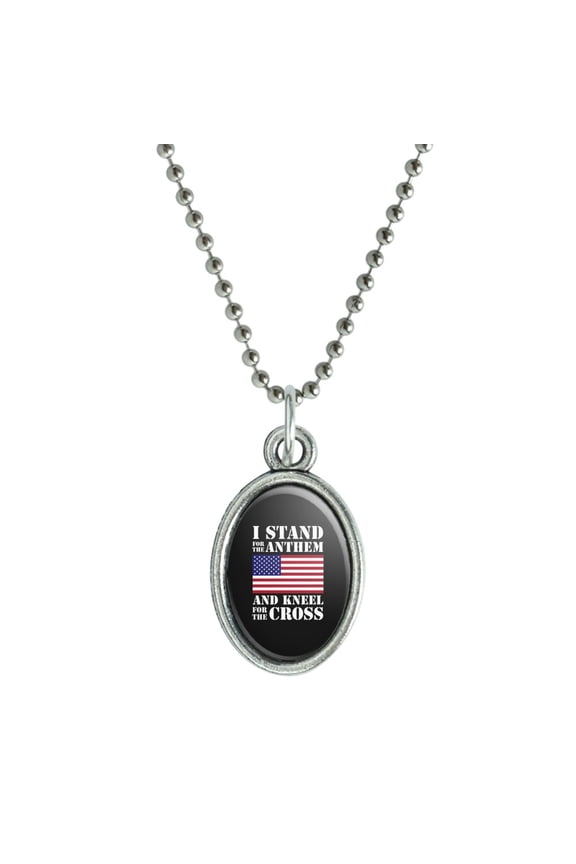 I Stand For The Flag Kneel Cross USA American Flag Patriotic Antiqued Oval Charm Pendant with Chain