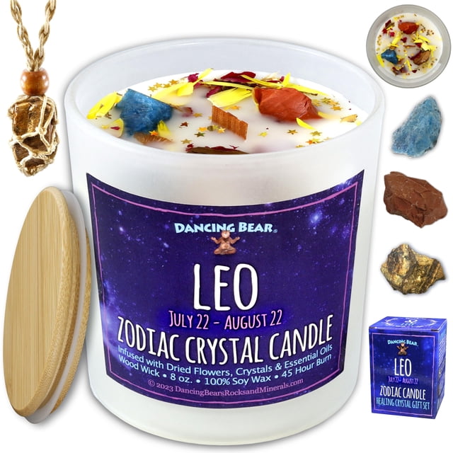 Vela Dancing Bear Leo Zodiac con 3 cristales curativos, 240 ml