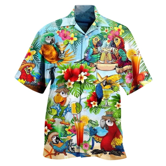 XIAOCHA Men's Parrot Hawaiian Shirt Camp Collar Short Sleeve Tropical Print Button Up Blouse Vibrant Casual Beach Party Going Out Top