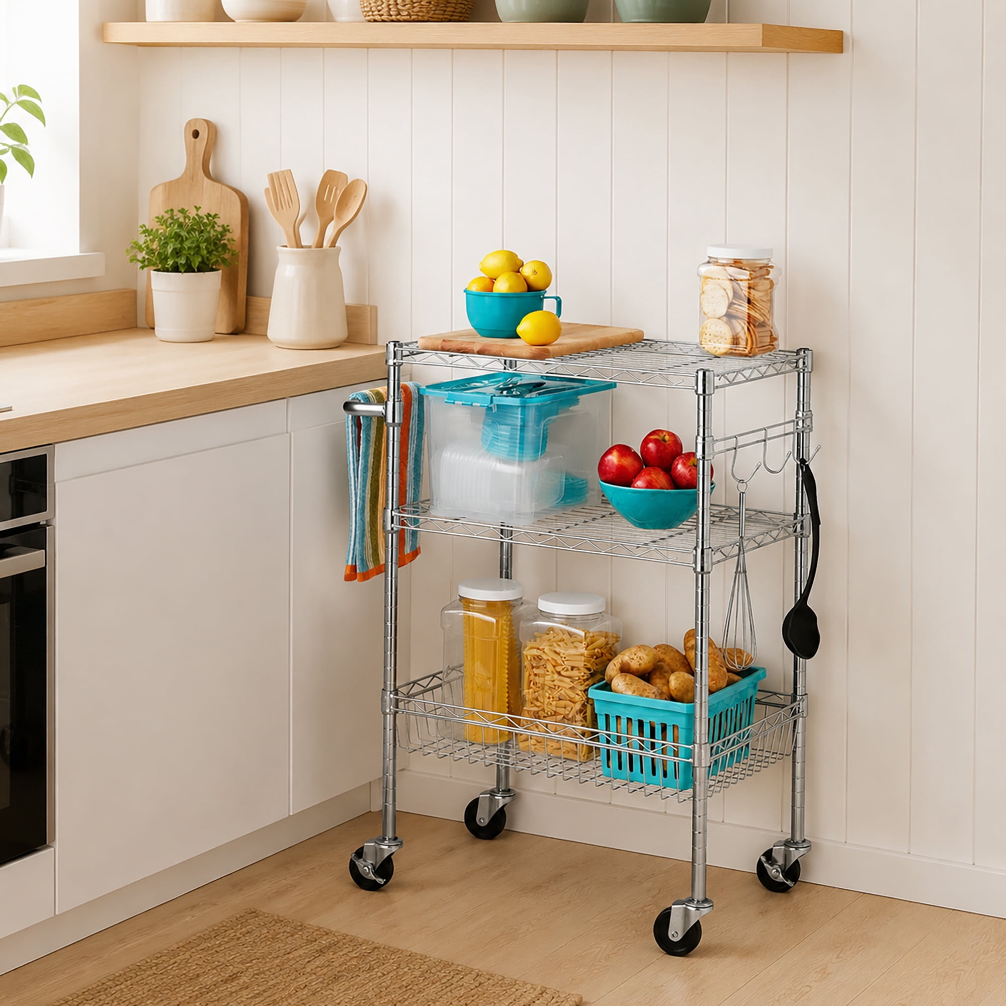Hyper Tough 3-Tier Multipurpose Rolling Cart, Chrome Color, 495 lb Load Capacity