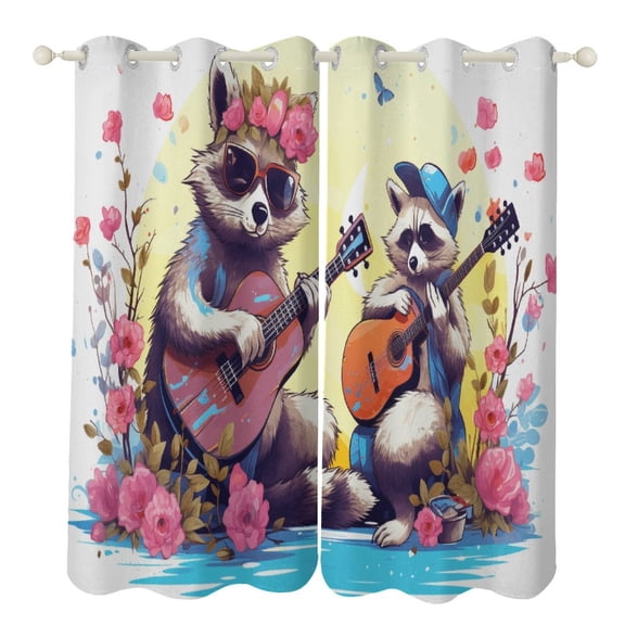 Raccoon Playing Guitar Blackout Curtains for Bedroom Curtains Insulated Room Darkening Window Drapes for Living Room