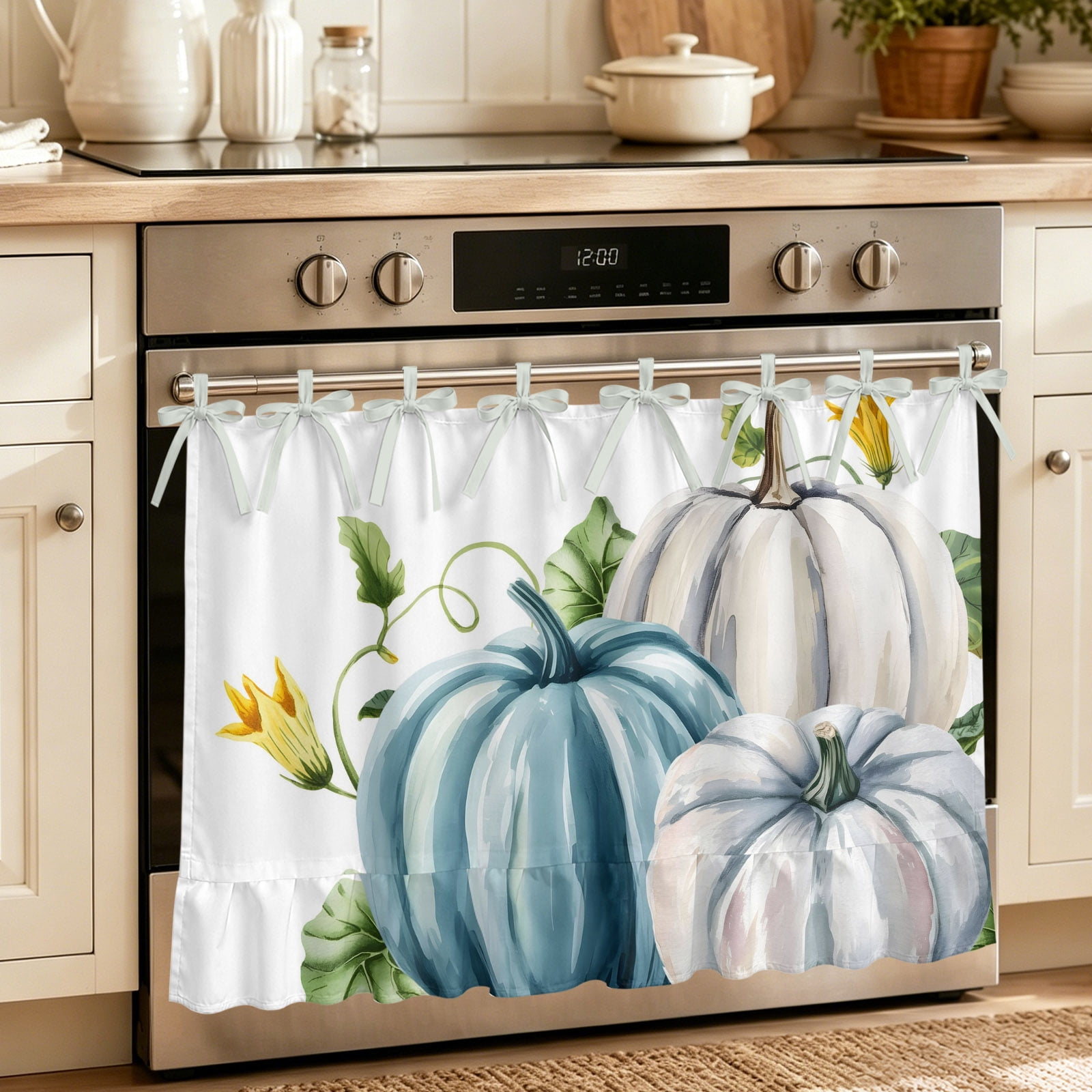 Oven Curtain for Kitchen Watercolor Thanksgiving Pumpkin Stove Curtain With Ruffled Trim Dishwasher Curtains Fall Blue White Botanical Oven Skirt 32 x24