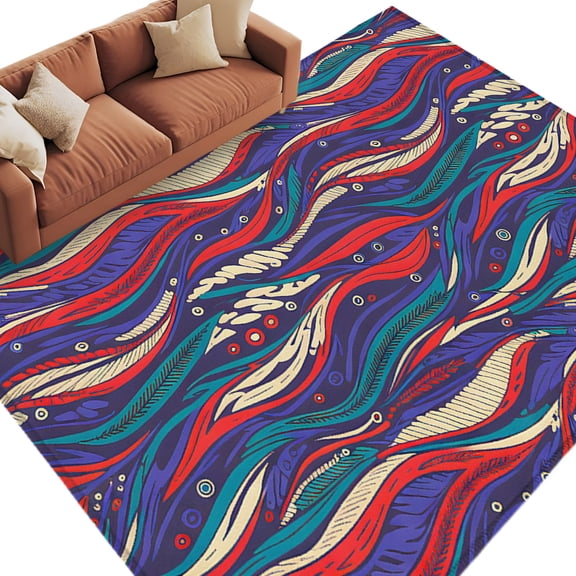 Tribal Style Washable Living Room Rugs 5'x7', Abstract Boho Ethnic Feather Leaf Low Pile Throw Large Area Rugs Non-Slip Sturdy Edge Binding Carpet for Dining Room Bedside Kitchen