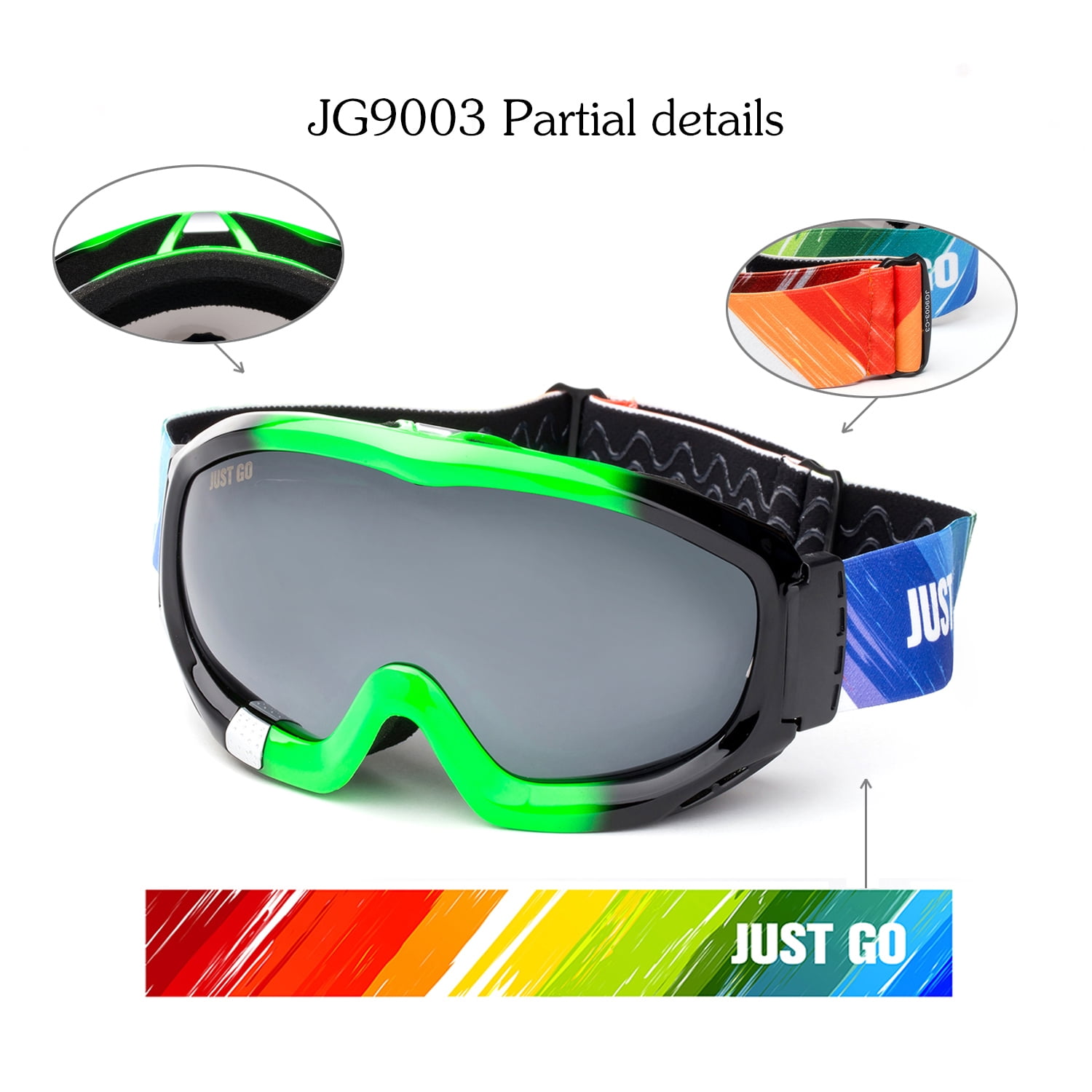 JUST GO Ski Goggles for Skiing Motorcycling and Winter Sports Dual-Layer Anti-Fog 100% UV Protection lens Snowboard Goggles fit Men, Women and Youth, Black and Green Frame/Gray Lens (VLT 20.2%)
