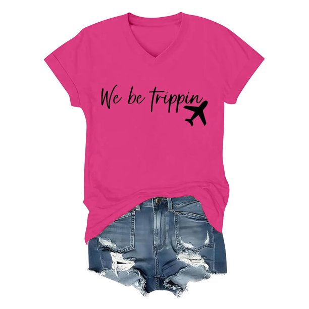 Camiseta informal de cuello en V con letras para mujer: poliéster y spandex, estilo veraniego, tallas S-XXL con medidas de busto/longitud.