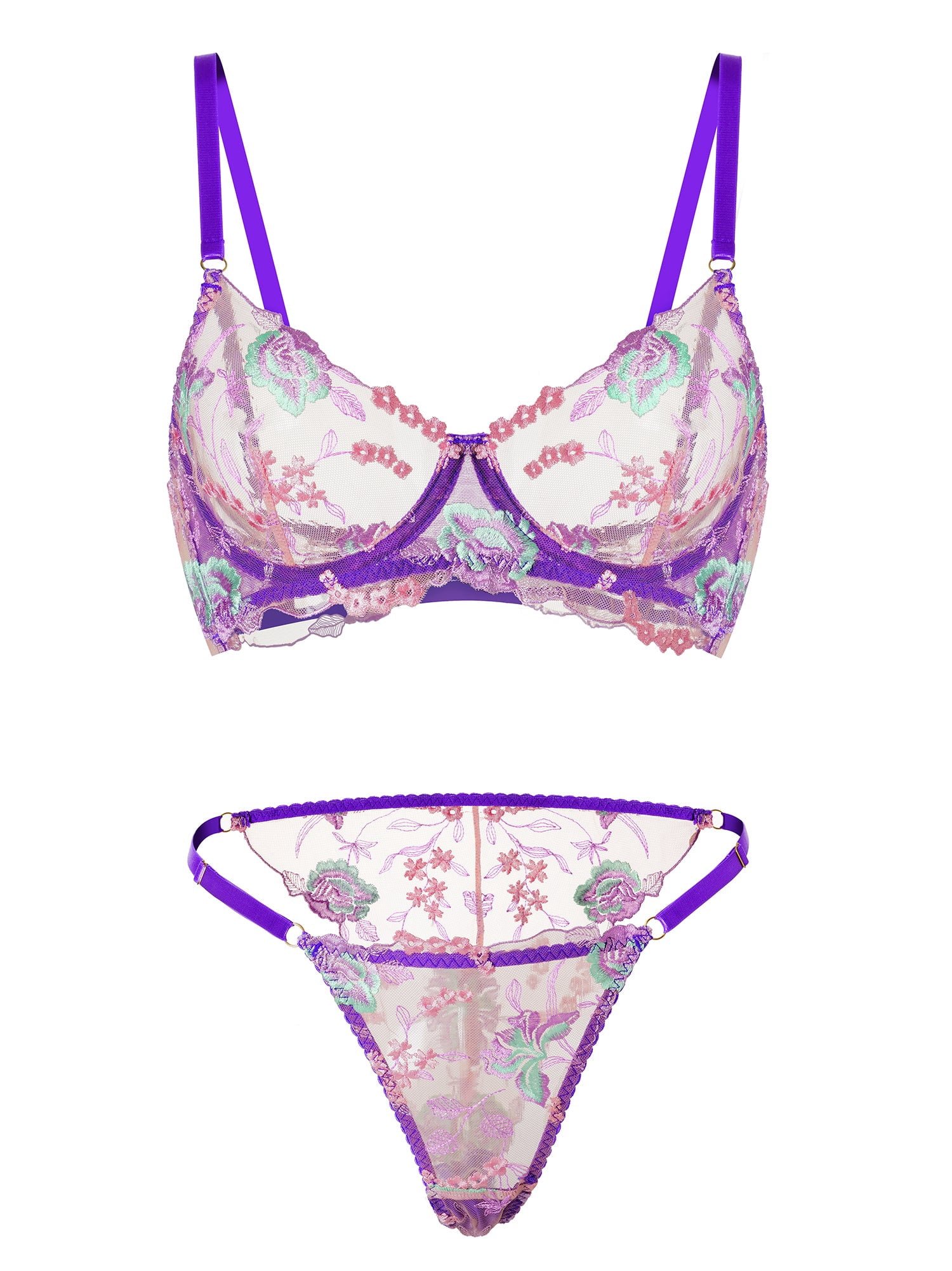 Purple Petal Embroidered Lingerie Set (PURPLE, 3XL)