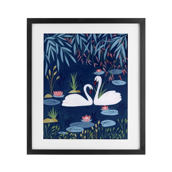 Swan Pair on Blue Pond Black Framed Print Under Glass, design by Nabeela Rumi