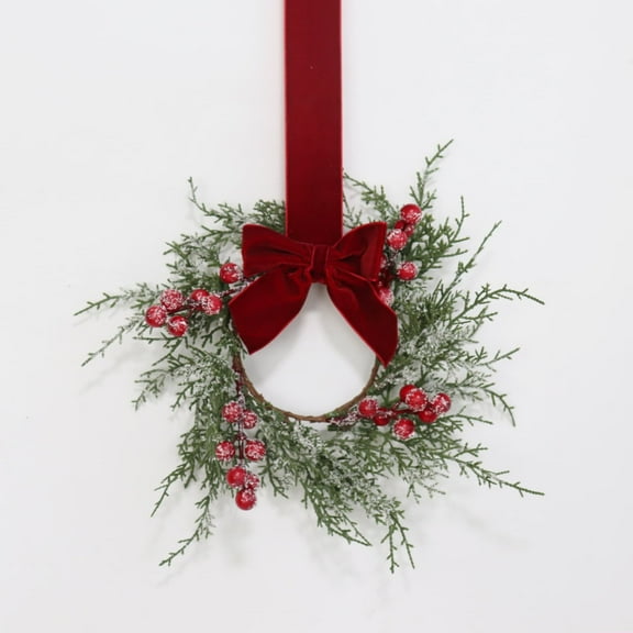 11.8 Inch Small Christmas Wreath, Mini Wreaths with Snow Flocked Red Berry Bow for Door Kitchen Cabinets Window Fireplaces, Vintage Farmhouse Christmas Decor -1Pcs