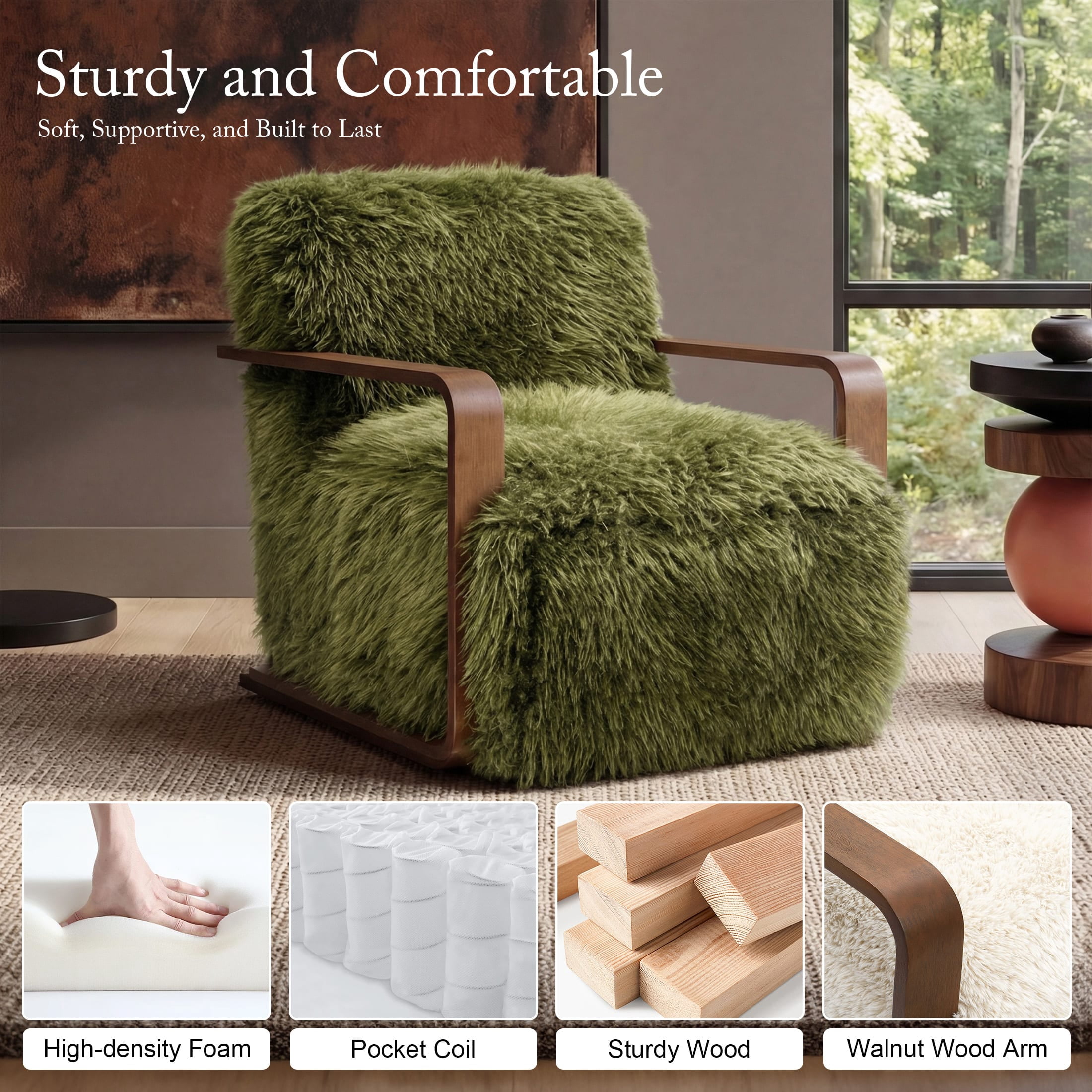 Aenkyo Yeti Contemporary Faux Fur Accent Chair with Dark Walnut Wood Arms, Green